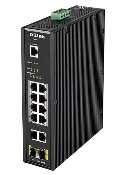 D-Link DIS-200G-12PS/A1A Промышленный управляемый коммутатор 2 уровня с 10 портами 10/100/1000Base-T и 2 портами 1000Base-X SFP (8 портов с поддержкой PoE 802.3af/802.3at (30 Вт),PoE бюджет до 240 Вт)