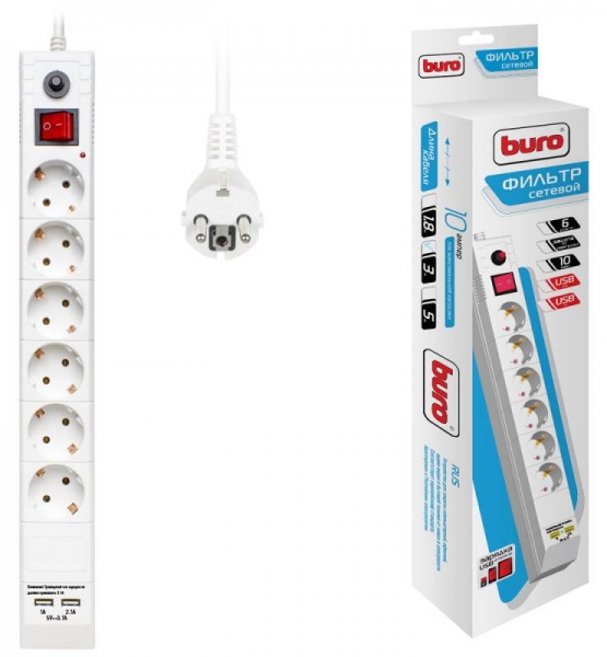 Сетевой фильтр Buro BU-SP3_USB_2A-W, 3 м, 6 розеток, белый