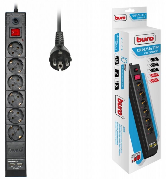 Сетевой фильтр Buro BU-SP1.8_USB_2A-B, 1.8м, 6 розеток, черный