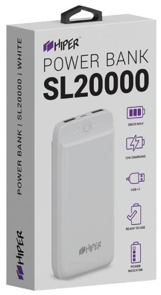 HIPER SL20000 Мобильный аккумулятор Li-Pol 20000mAh 2.1A+2.1A 2xUSB белый