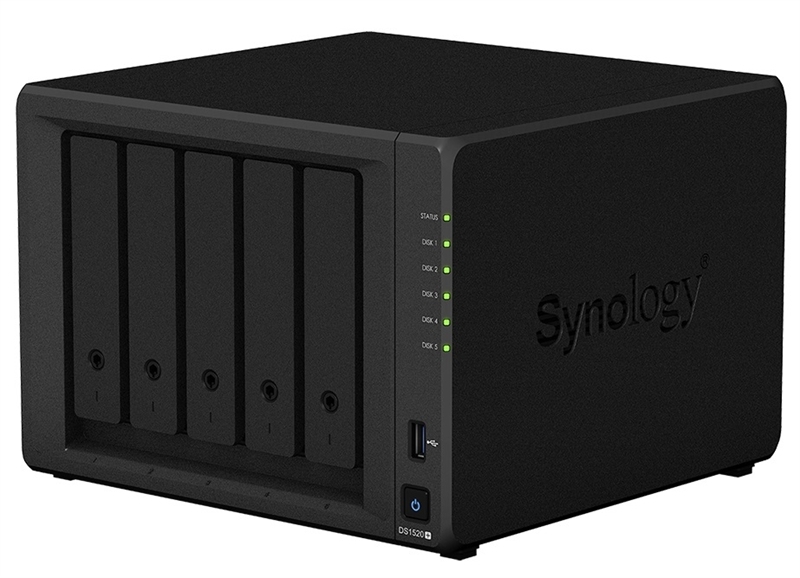 Synology DS1520+  QC2,0GhzCPU/8GbDDR4/RAID0,1,10,5,5+spare,6/upto 5hot plug HDD SATA(3,5' or 2,5')(upto15 with 2xDX517)/2xUSB3.0/2eSATA/4GigE/iSCSI/2xIPcam(upto40)/1xPS/3YW