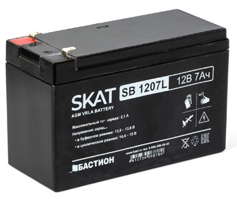 SKAT SB 1207L, 12V, 7Ah, maximum charge current 2.1 A. Terminal type - F1 knife. Case size - 66x151x100. Weight - 1.6 kg. Service life - 6 years. Warranty - 18 months.