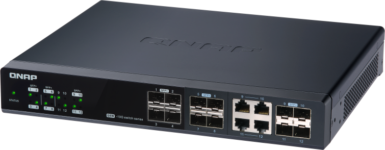 QNAP QSW-M1204-4C Managed 10 Gbps switch with 12 SFP + ports, 4 of which are combined with RJ-45, throughput up to 240 Gbps, JumboFrame support.