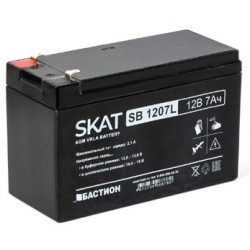 SKAT SB 1207L, 12V, 7Ah, maximum charge current 2.1 A. Terminal type - F1 knife. Case size - 66x151x100. Weight - 1.6 kg. Service life - 6 years. Warranty - 18 months.