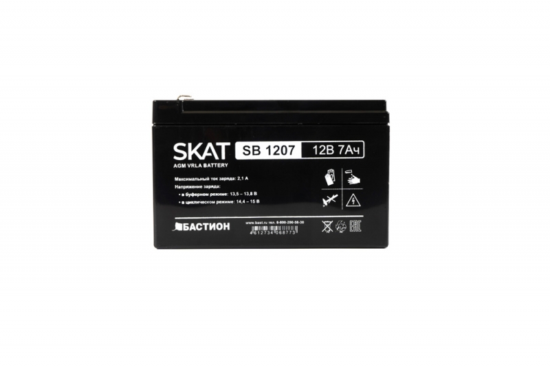 SKAT SB 1207, 12V, 7Ah, maximum charge current 2.1 A. Terminal type - F1 knife. Case size - 66x151x100. Weight - 2.1 kg. Service life - 6 years. Warranty - 18 months.