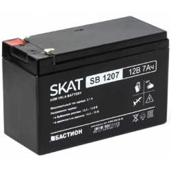 SKAT SB 1207, 12V, 7Ah, maximum charge current 2.1 A. Terminal type - F1 knife. Case size - 66x151x100. Weight - 2.1 kg. Service life - 6 years. Warranty - 18 months.