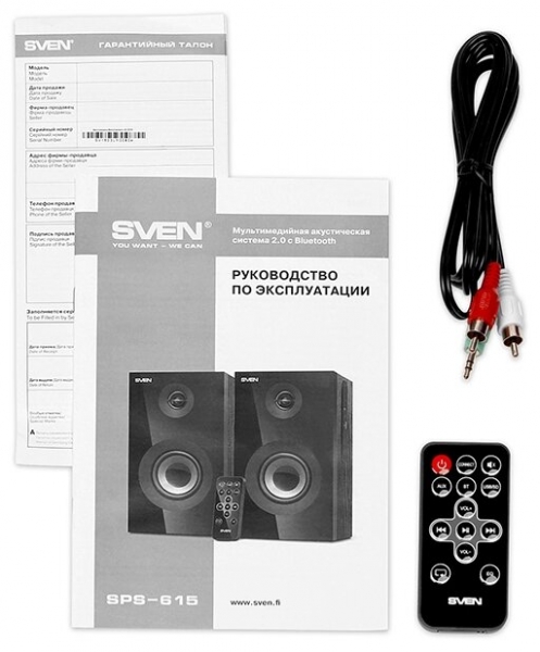 SVEN SPS-615, чёрный, акустическая система 2.0, мощность 2x10Вт (RMS), USB/SD, пульт ДУ, Bluetooth