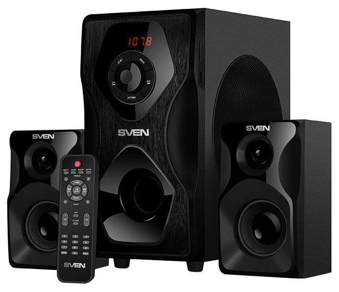 SVEN MS-2055, чёрный, акустическая система 2.1, мощность (RMS):30Вт + 2x12.5 Вт, FM-тюнер, USB/SD, дисплей, пульт ДУ, Bl
