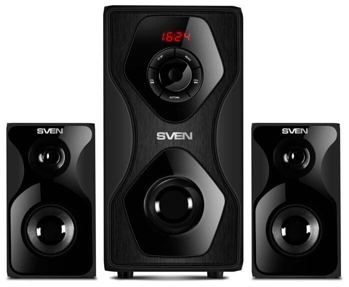 SVEN MS-2055, чёрный, акустическая система 2.1, мощность (RMS):30Вт + 2x12.5 Вт, FM-тюнер, USB/SD, дисплей, пульт ДУ, Bl