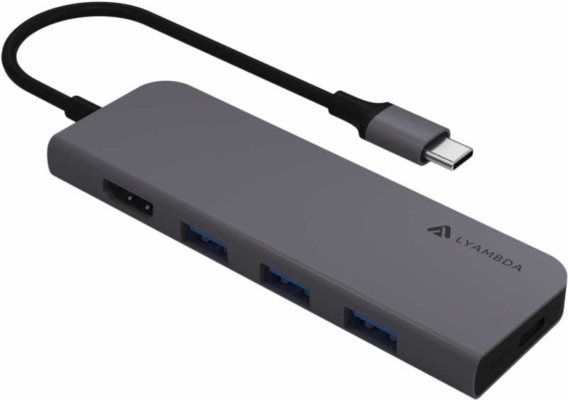 Разветвитель Type-C USB 3.0*4,HDMI *1 ,PD*1 Hub Lyambda Slim LC173 Gray L17
