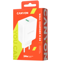 Canyon, Wall charger with 1*USB, QC3.0 24W, Input: 100V-240V, Output: DC 5V/3A,9V/2.67A,12V/2A, Eu plug, Over-load,  over-heated, over-current and short circuit protection, CE, RoHS ,ERP. Size:89*46*26.5 mm,58g, White