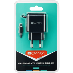 CANYON H-041 Universal 1xUSB AC charger (in wall) with over-voltage protection, plus Micro USB connector, Input 100V-240V, Output 5V-2.1A, with Smart IC, black (silver stripe), cable length 1m, 81*47.2*27mm, 0.059kg