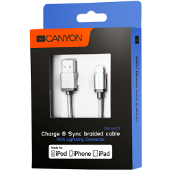 CANYON MFI-3 Charge & Sync MFI braided cable with metalic shell, USB to lightning, certified by Apple, 1m, 0.28mm, Dark gray