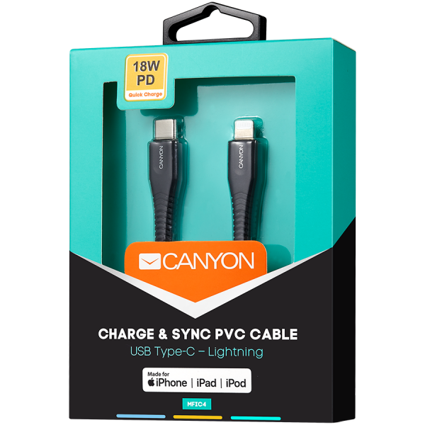 CANYON MFI-4 Type C Cable To MFI Lightning for Apple, PVC Mouling,Function：with full feature( data transmission and PD charging) Output:5V/2.4A , OD:3.5mm, cable length 1.2m, 0.026kg,Color:Black
