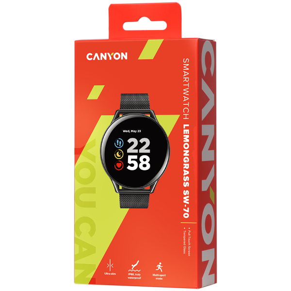 CANYON Lemongrass SW-70 Smart watch, 1.3inches IPS full touch screen, Zinc plastic body,IP68 waterproof, multi-sport mode with swimming mode, compatibility with iOS and android,Black body with black metal belt, Host: 44.5x11.6mm, Strap: 240x20mm, 53g