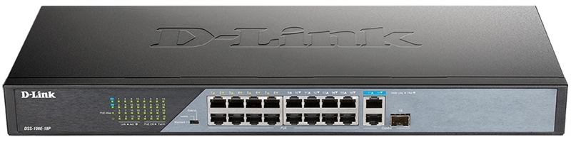 L2 Unmanaged Surveillance Switch with 16 10/100Base-TX ports and 110/100/1000Base-T port and 1 1000Base-T SFP combo-port (16 PoE ports802.3af/802.3at (30 W), PoE Budget 230 W, up to 250 m power deli