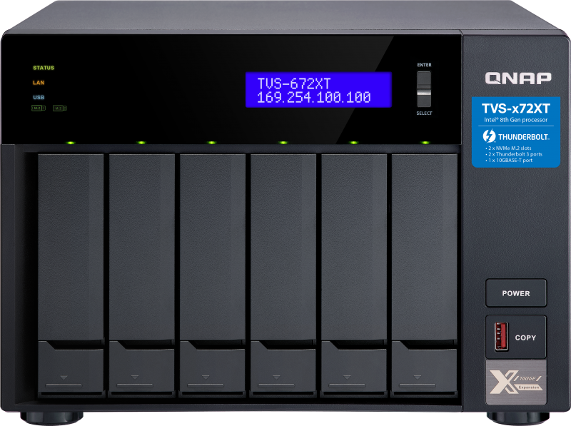 SMB QNAP TVS-672XT-i3-8G 6-Bay NAS, Intel Core i3-8100T 4-core 3.1 GHz Processor, 8GB DDR4 RAM (max 32GB RAM), 6x 2.5"/3.5" SATA HDD/SSD + 2x M.2 PCIe  SSD slot, 2xGbE LAN, 1 x 10GBase-T, 2 x Thunderbolt 3 port