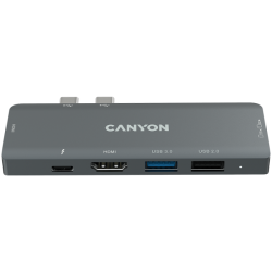 Canyon DS-05B Multiport Docking Station with 7 port, 1*Type C PD100W+2*HDMI+1*USB3.0+1*USB2.0+1*SD+1*TF. Input 100-240V, Output USB-C PD100W&USB-A 5V/1A, Aluminum alloy, Space gray, 104*42*11mm, 0.046kg(Generation B)