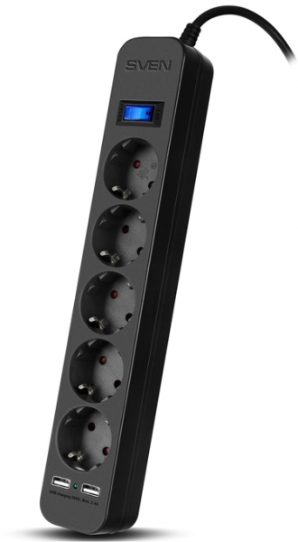 Surge protector SVEN SF-05LU 3.0 м (5 евро розеток,2*USB(2,4А)) черный, цветная коробка