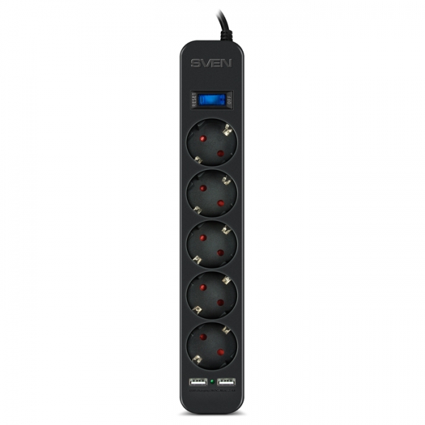 Surge protector SVEN SF-05LU 3.0 м (5 евро розеток,2*USB(2,4А)) черный, цветная коробка