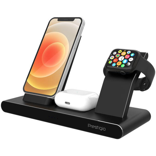 Prestigio ReVolt A7, 3-in-1 wireless charging station for iPhone, Apple Watch, AirPods, wilreless output for phone 7.5W/10W, wireless output for AirPods 5W, wireless output for Apple Watch 2.5W, material: aluminum+tempered glass, black color