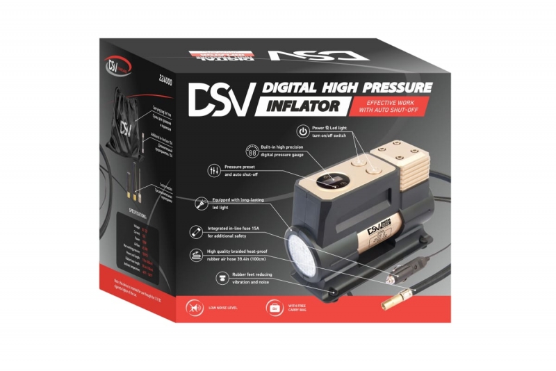 Усиленный компрессор DSV Smart с LED фонарем 45 л/мин 12В с цифр. маном, сумкой 224000