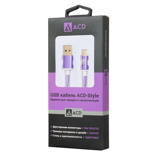 USB кабель ACD-Style Lightning ~ USB-A  2-сторонние коннекторы, нейлон, 1м, фиолетовый (ACD-U913-P6P)
