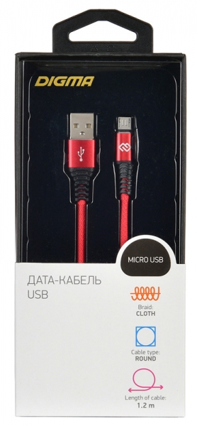 Кабель Digma USB A (m) micro USB B (m) 1.2м красный