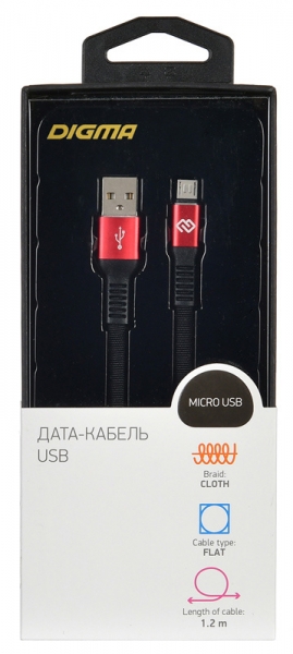 Кабель Digma USB A (m) micro USB B (m) 1.2м черный/красный