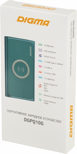 Мобильный аккумулятор Digma DGPQ10G 10000mAh зеленый (DGPQ10G22CGN)