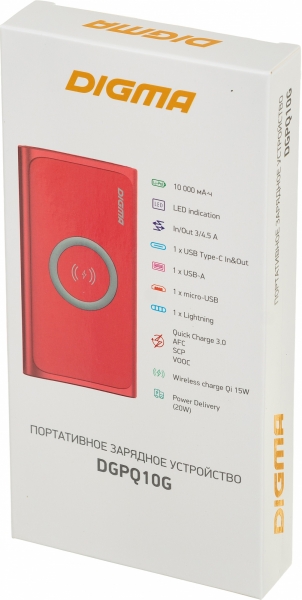 Мобильный аккумулятор Digma DGPQ10G 10000mAh красный (DGPQ10G22CRD)