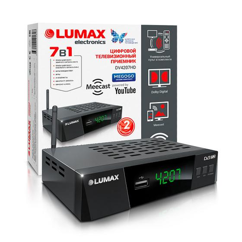 Приставка DVB-T2 LUMAX/ GX3235S, эфирный + кабельный, Металл, 3 кнопки, дисплей, USB, 3RCA, HDMI, внешний б/п, встроенный Wi-Fi адаптер, Кинозал LUMAX (более 500 фильмов)