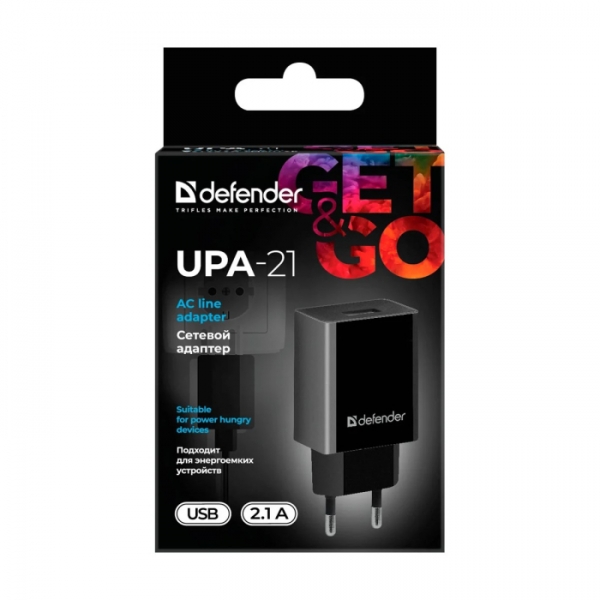 Сетевой адаптер DEFENDER UPA-21, черный (1xUSB, 5V/2.1А)