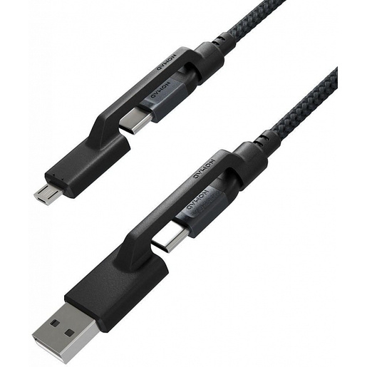 Кабель Nomad Universal Cable Kevlar 3 in 1. Основной кабель Type-C to Type-C, переходники USB-A, Micro USB. Материал кевлар. Длина 1.5 м. Цвет чёрный.