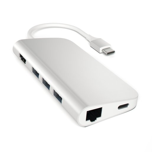 USB адаптер Satechi Aluminum Multi-Port Adapter 4K with Ethernet. Интерфейс USB-C. Порты: USB Type-C, 3хUSB 3.0, 4K HDMI, Ethernet RJ-45, SD / micro-SD . Цвет серебряный.