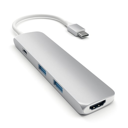 USB адаптер Satechi Slim Aluminum Type-C Multi-Port Adapter with Type-C Charging Port. Интерфейс USB-C. Порты USB Type-C, 2хUSB 3.0, 4K HDMI. Цвет серебряный.
