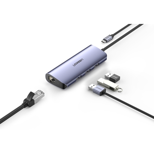 Адаптер UGREEN CM252 (60718) USB-C to 3 x USB 3.0+RJ45+Micro USB Multifunction Adapter.  Цвет: серый