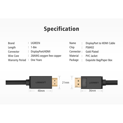 Кабель UGREEN DP101 (10202) DP Male to HDMI Male Cable. Длина 2 м. Цвет: черный