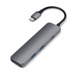 USB адаптер Satechi Slim Aluminum Type-C Multi-Port Adapter with Type-C Charging Port. Интерфейс USB-C. Порты USB Type-C, 2хUSB 3.0, 4K HDMI. Цвет серый космос.