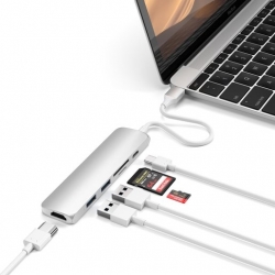 USB-C адаптер Satechi Type-C Slim Multiport Adapter V2. Интерфейс USB-C. Порты: USB-C Power Delivery (PD), 2хUSB 3.0, 4K HDMI, micro/SD. Цвет серебристый.