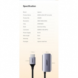 Адаптер UGREEN CM239 (60352) HDMI to Mini DP M/F Adapter. Цвет: серый