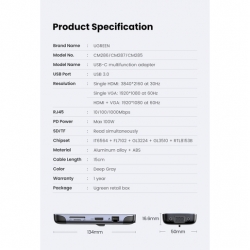Адаптер UGREEN CM286 (70409) USB-C Multifunction Adapter. Цвет: серый