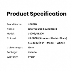 Звуковая карта UGREEN US205 (30724) USB 2.0 External Sound Adapter. Цвет: черный