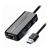 Адаптер сетевой UGREEN 20265 USB 3.0 Hub with Gigabit Ethernet Adapter. Цвет: черный