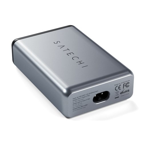 Сетевое зарядное устройство Satechi Dual 75W Type-C Travel Charger with USB-C PD Fast. Входное напряжение 100-240В. Разъемы USB-C PD 60W - 1 шт., USB-C PD 18W - 1 шт., USB 5В/2,4А - 2 шт. Цвет серебряный.