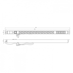 Hyperline SHE-12SH-4IEC-SF-2.5EU Блок розеток, вертикальный, 12 розеток Schuko, 4 розетки IEC320 C13, выкл. с подсветкой, защита от перенапряжения, кабель питания 2.5м (3х1.5мм2) с вилкой Schuko 16A, 250В, 950x44.4x44.4мм (ДхШхВ), корпус алюминий, черный