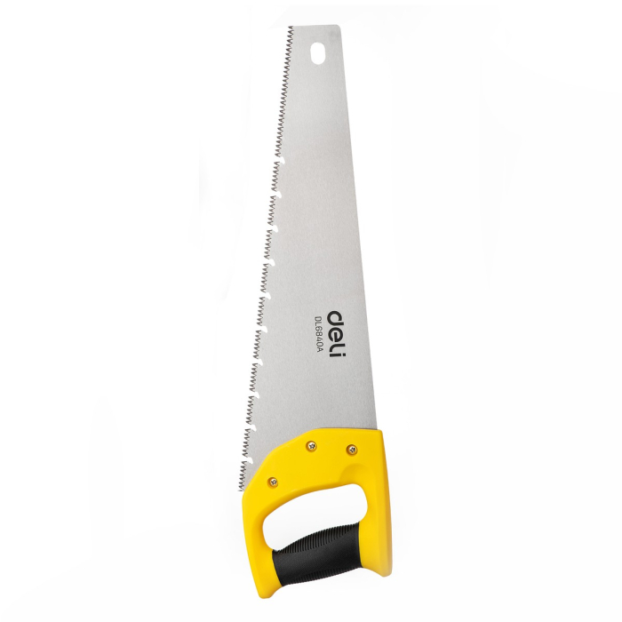 Ножовка по дереву Deli DL6840A 400мм Материал: 65Mn. Термообработанная поверхность. Шлифовка зубов с 3-х сторон. Литая ручка из двухкомпонентного противоударного пластика.