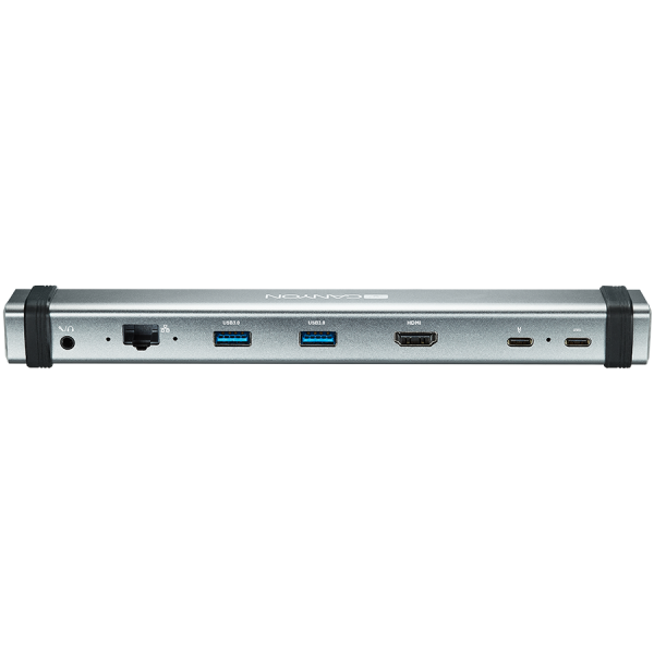 CANYON DS-6 Multiport Docking Station with 7 ports: 2*Type C+1*HDMI+2*USB3.0+1*RJ45+1*audio 3.5mm, Input 100-240V, Output USB-C PD 5-20V/3A&USB-A 5V/1A, with type c to type c cabel 0.3m, Space gray, 226*33.7*24mm, 0.174kg