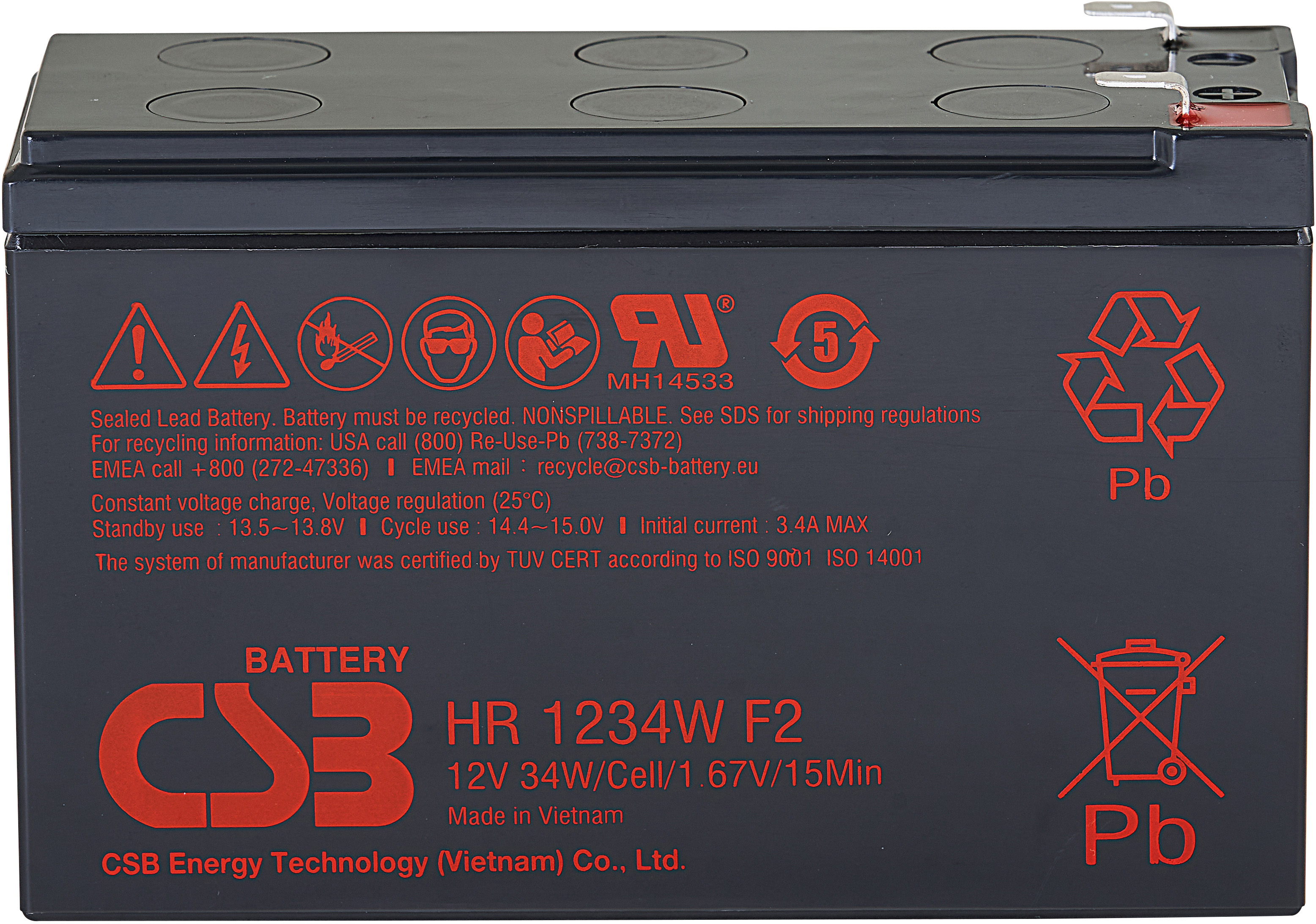 Battery CSB series GP, HR1234W F2, voltage 12V, capacity 34 W/C at 15 min. discharge to U fin. - 1.67 V/Cel at 25°C, (discharge 20 hours), max. discharge current (5 sec.) 130A, short circuit current 349A, max. charge current 3.4A, lead-acid type AGM, terminals F2, LxWxH 150.9x64.8x98.6mm., weight 2.5kg., service life 5 years.