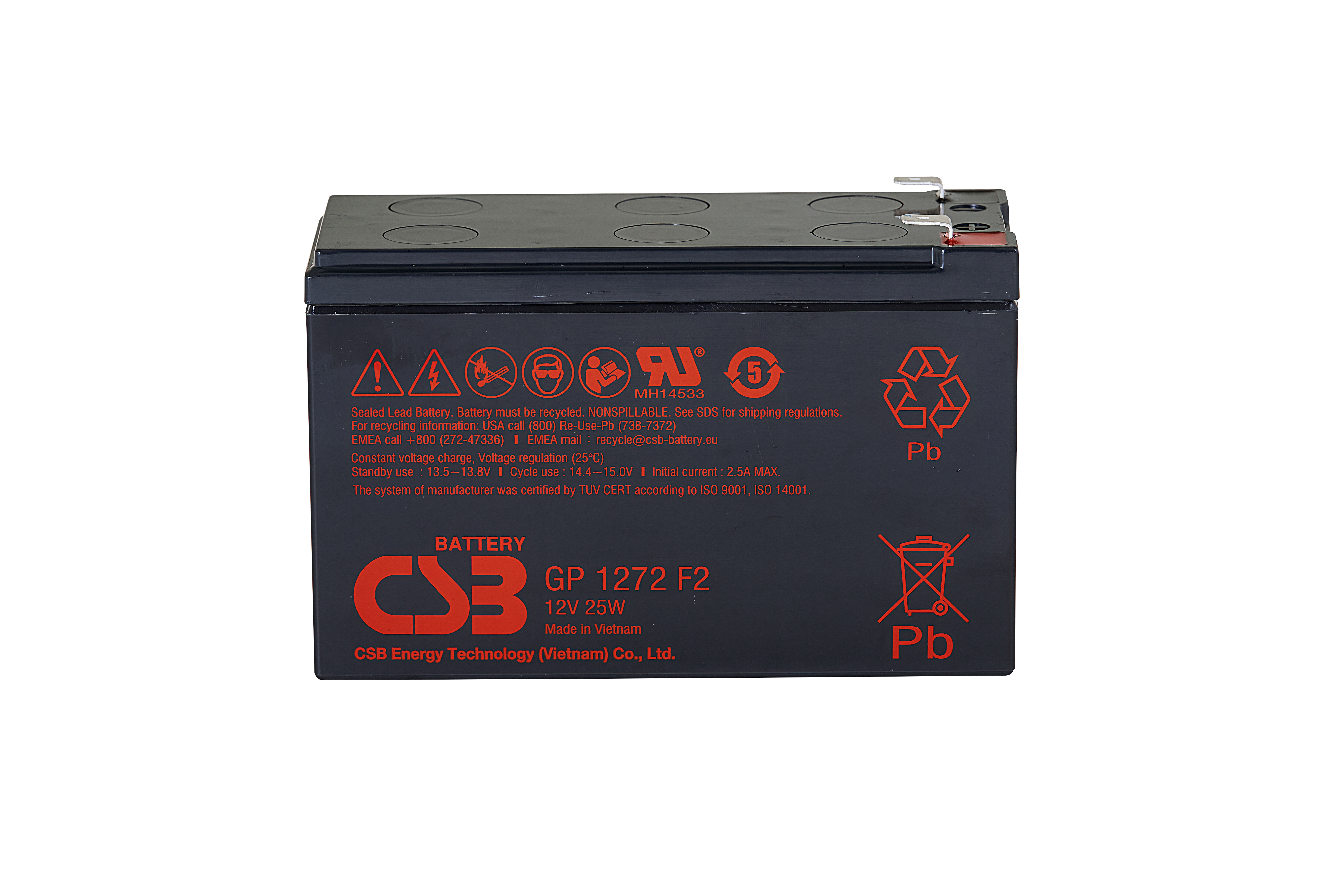 Battery CSB series GP, GP1272 F2, voltage 12V, capacity 7.2Ah (discharge 20 hours), max. discharge current (5 sec.) 130A, short circuit current 304A, max. charge current 2.8A, lead-acid type AGM, terminals F2, LxWxH 150.9x64.8x98.6mm., weight 2.4kg., service life 5 years.